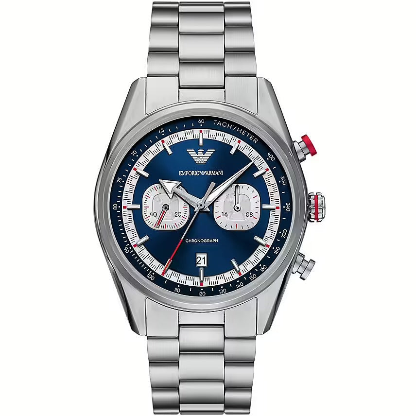 Emporio Armani Racer Chronograph Blue Dial Silver Steel Strap Watch for Men - AR11676