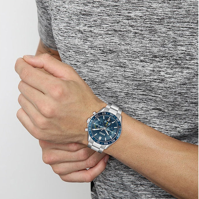 Hugo Boss Runner Chronograph Blue Dial Silver Steel Strap Watch for Men - 1514143