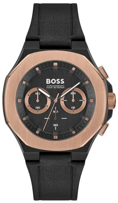 Hugo Boss Taper Chronograph Black Dial Black Leather Strap Watch for Men - 1514089