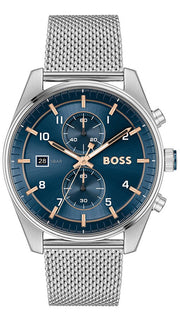 Hugo Boss Skytraveller Chronograph Blue Dial Silver Mesh Strap Watch for Men - 1514149