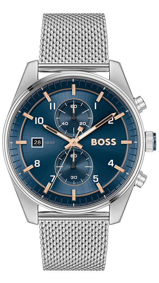 Hugo Boss Skytraveller Chronograph Blue Dial Silver Mesh Strap Watch for Men - 1514149