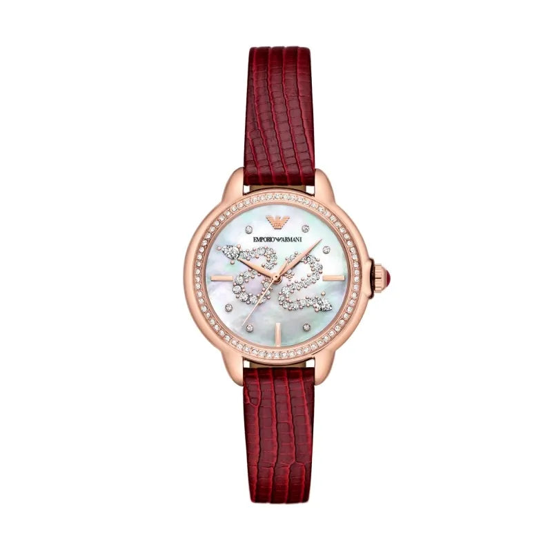 Emporio Armani Mia Mother of Pearl Dial Red Leather Strap Watch for Women - AR11646