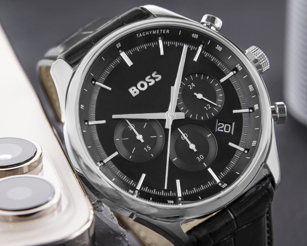 Hugo Boss Gregor Chronograph Black Dial Black Leather Strap Watch for Men - 1514049