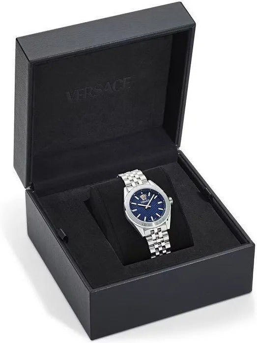 Versace V-Code Analog Blue Dial Silver Steel Strap Watch for Women - VE8I00324