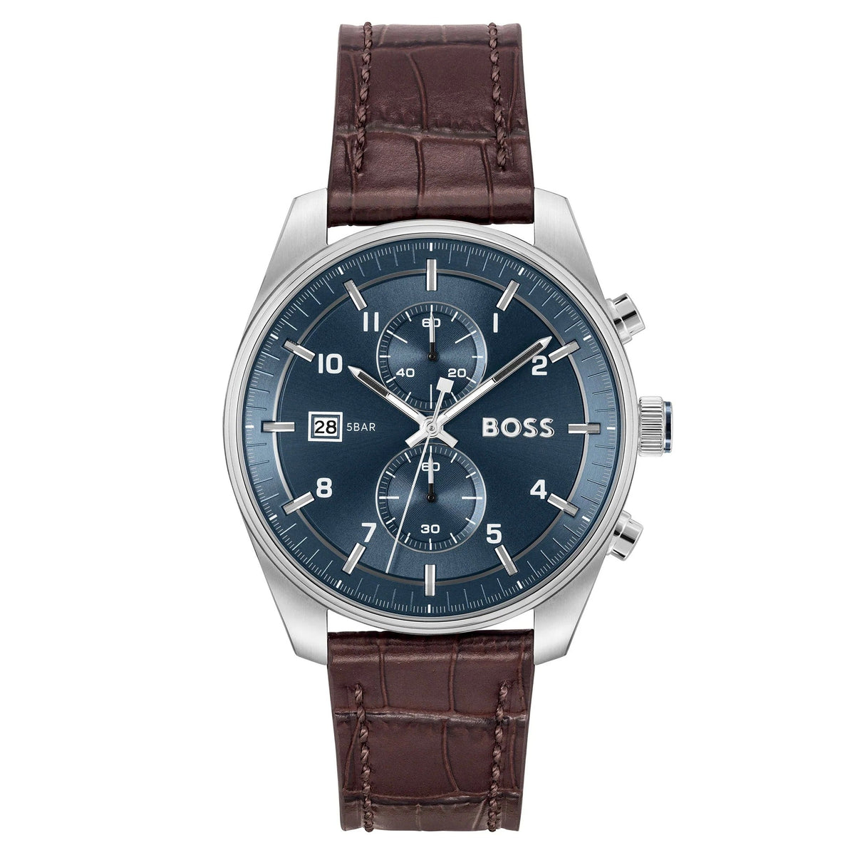 Hugo Boss Skytraveller Chronograph Blue Dial Brown Leather Strap Watch for Men - 1514194