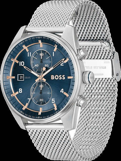Hugo Boss Skytraveller Chronograph Blue Dial Silver Mesh Strap Watch for Men - 1514149