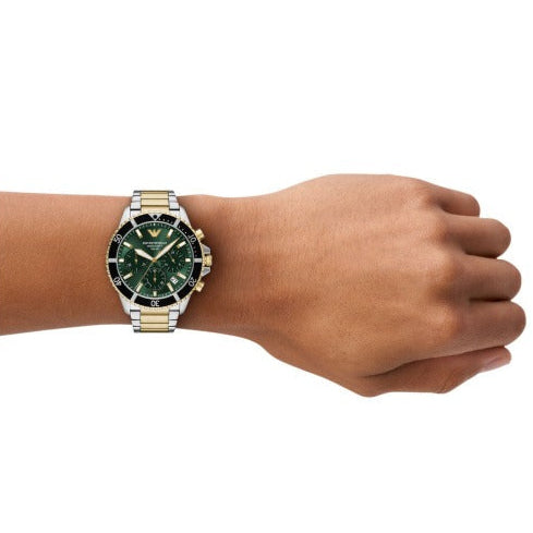 Emporio Armani World Explorer Chronograph Green Dial Two Tone Steel Strap Watch for Men - AR11695