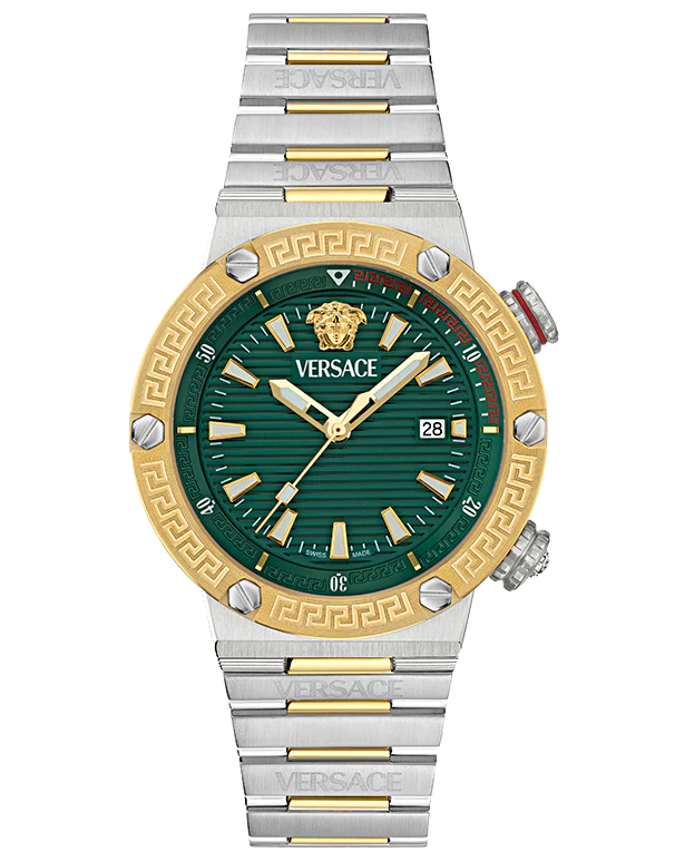 Versace Greca Logo Diver Quartz Green Dial Two Tone Steel Strap Watch for Men - VE8G00524