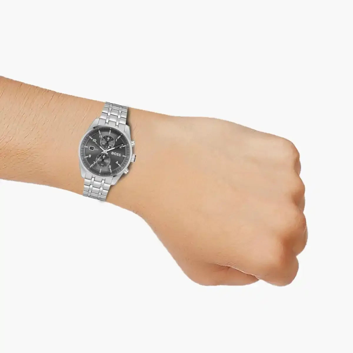 Hugo Boss Skytraveller Chronograph Grey Dial Silver Steel Strap Watch for Men - 1514151
