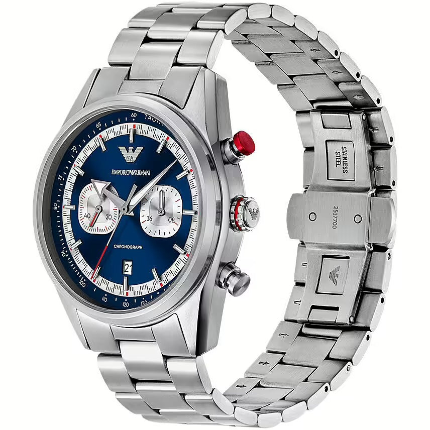 Emporio Armani Racer Chronograph Blue Dial Silver Steel Strap Watch for Men - AR11676