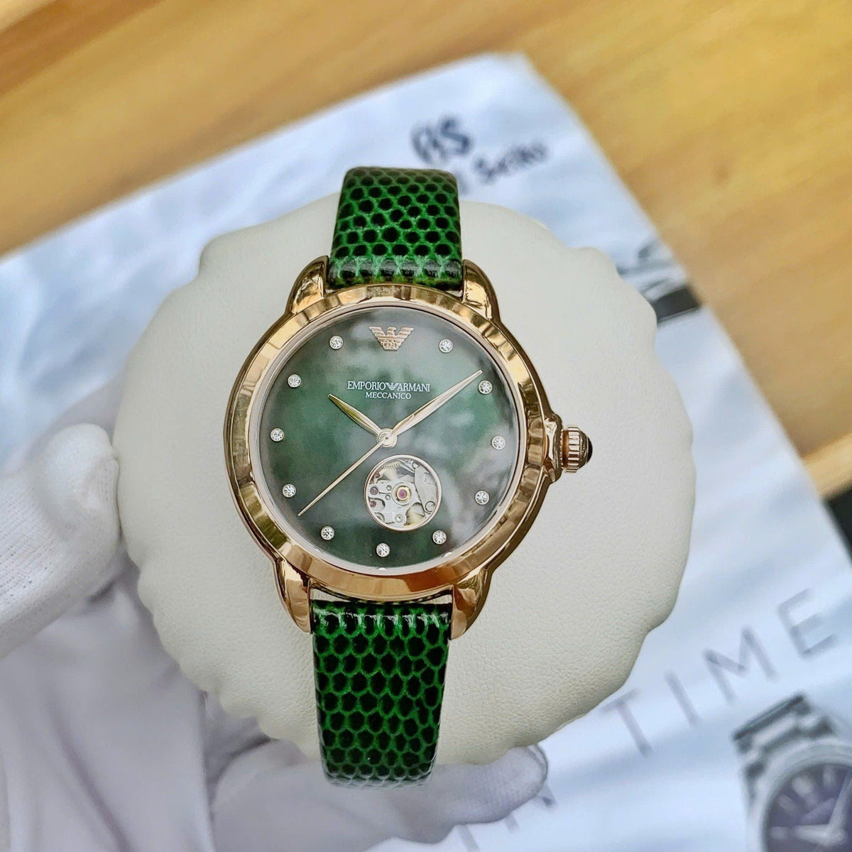 Emporio Armani Mia Meccanico Mother of Pearl Dial Green Leather Strap Watch for Women - AR60073