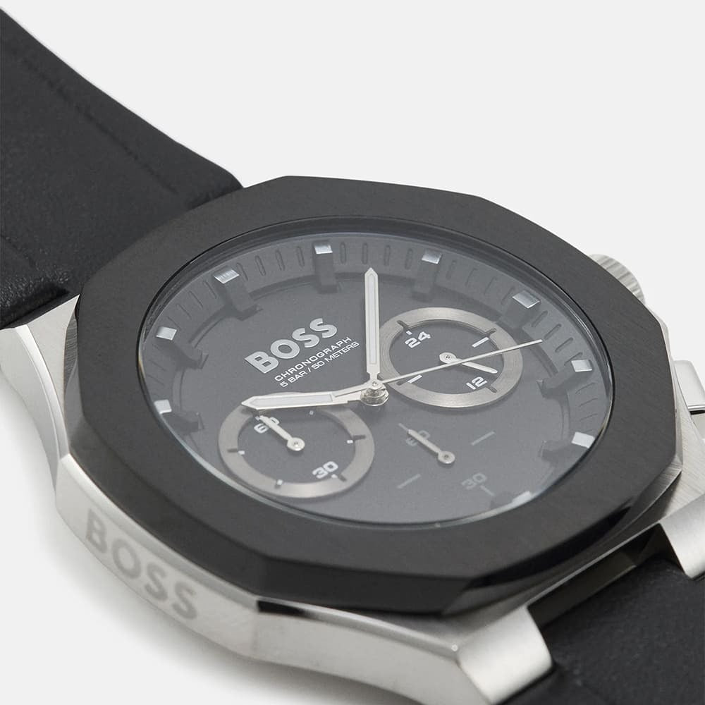 Hugo Boss Taper Chronograph Black Dial Black Leather Strap Watch for Men - 1514085