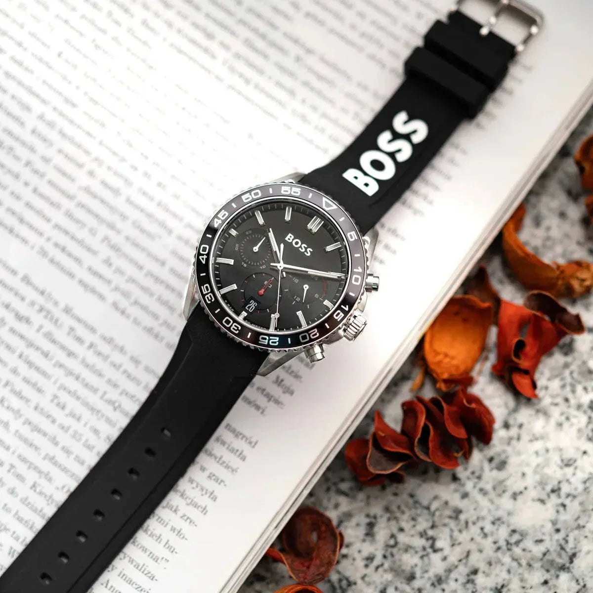 Hugo Boss Runner Chronograph Black Dial Black Silicone Strap Watch for Men - 1514141