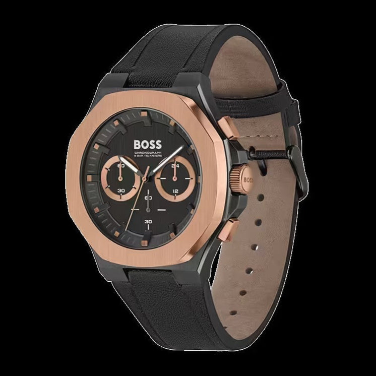 Hugo Boss Taper Chronograph Black Dial Black Leather Strap Watch for Men - 1514089