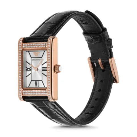 Emporio Armani Genni Silver Dial Black Leather Strap Watch for Women - AR11624