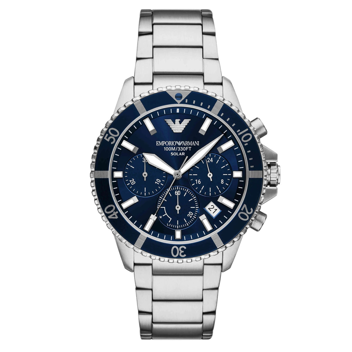 Emporio Armani World Explorer Chronograph Blue Dial Silver Steel Strap Watch for Men - AR11681