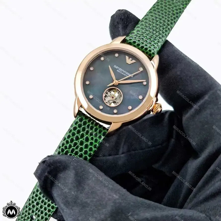 Emporio Armani Mia Meccanico Mother of Pearl Dial Green Leather Strap Watch for Women - AR60073