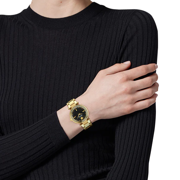 Versace Reve Analog Black Dial Gold Steel Strap Watch for Women - VE8B00624
