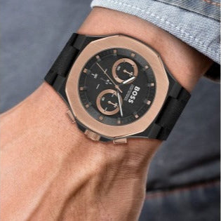 Hugo Boss Taper Chronograph Black Dial Black Leather Strap Watch for Men - 1514089