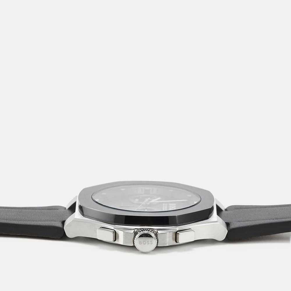 Hugo Boss Taper Chronograph Black Dial Black Leather Strap Watch for Men - 1514085