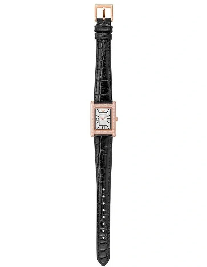 Emporio Armani Genni Silver Dial Black Leather Strap Watch for Women - AR11624