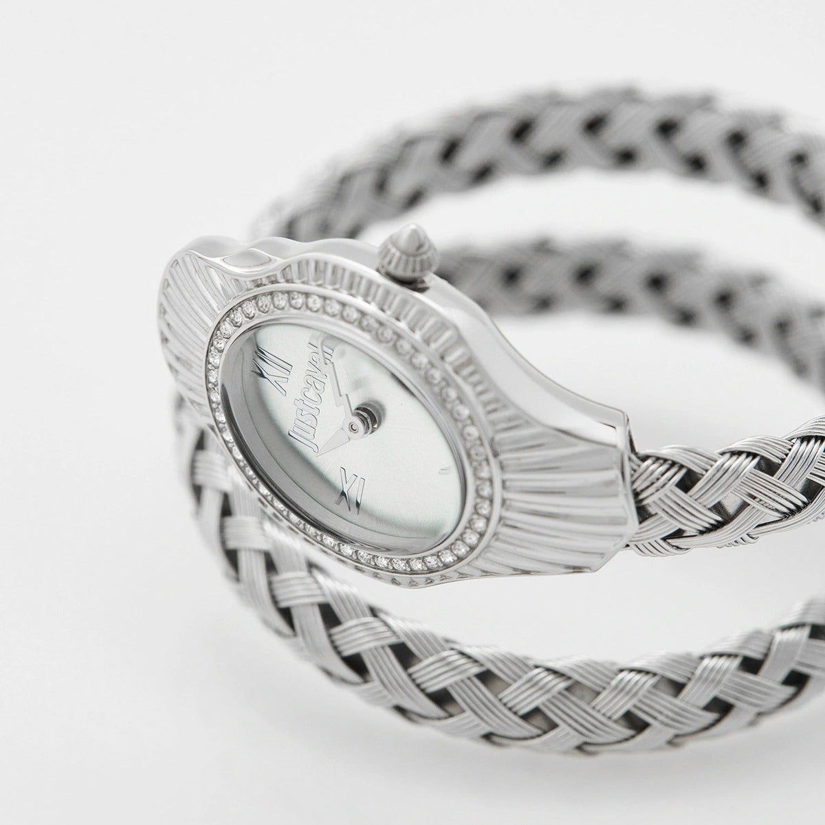 Just Cavalli Twined Mother of Pearl Dial Silver Steel Strap Watch for Women - JC1L305M0015