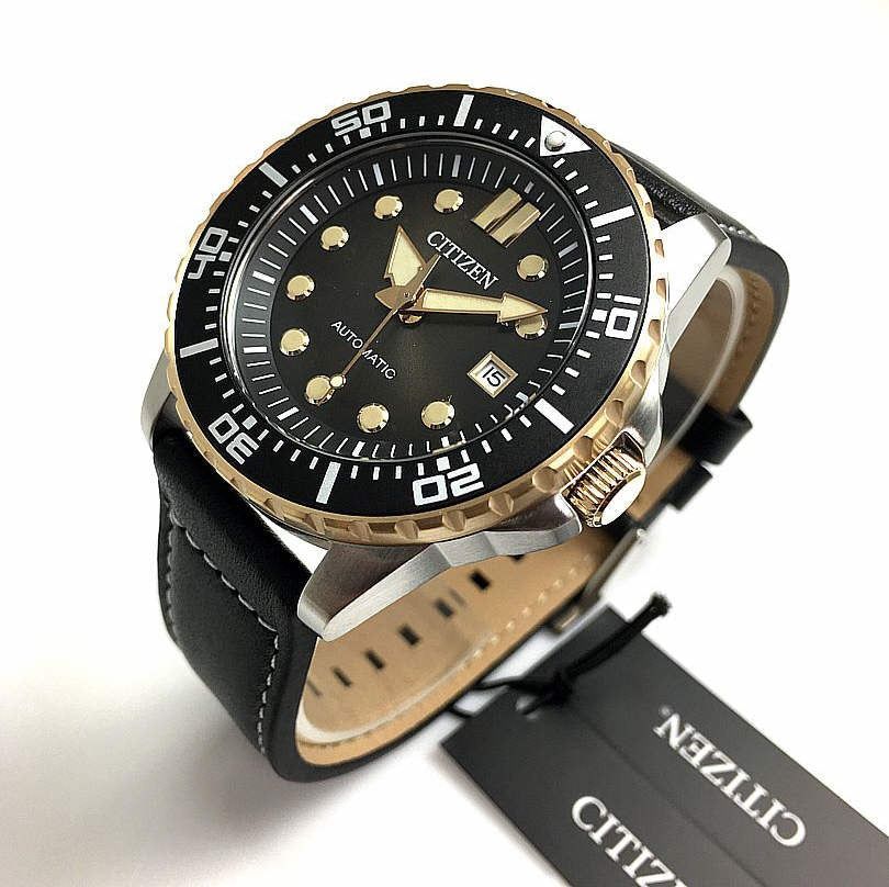 Citizen Mechanical Automatic Black Dial Black Leather Strap Watch for Men - NJ0176-10E