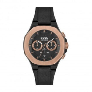 Hugo Boss Taper Chronograph Black Dial Black Leather Strap Watch for Men - 1514089