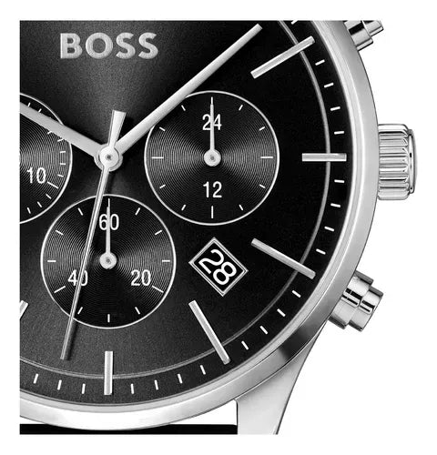 Hugo Boss Avery Chronograph Black Dial Black Leather Strap Watch for Men - 1514211