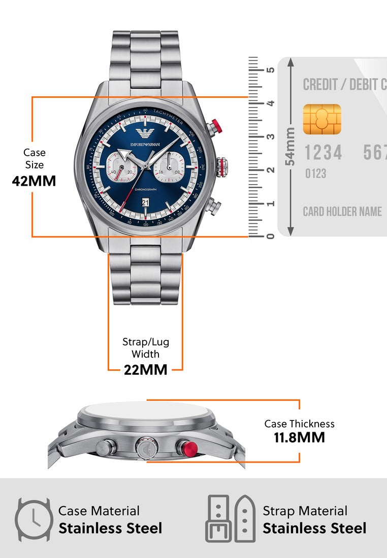 Emporio Armani Racer Chronograph Blue Dial Silver Steel Strap Watch for Men - AR11676