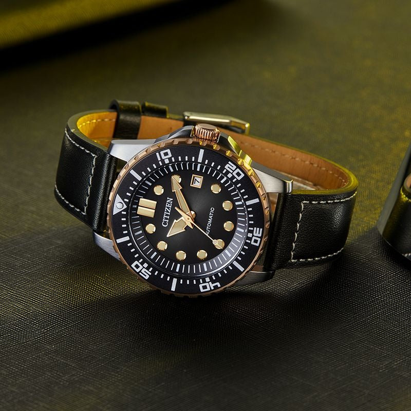 Citizen Mechanical Automatic Black Dial Black Leather Strap Watch for Men - NJ0176-10E