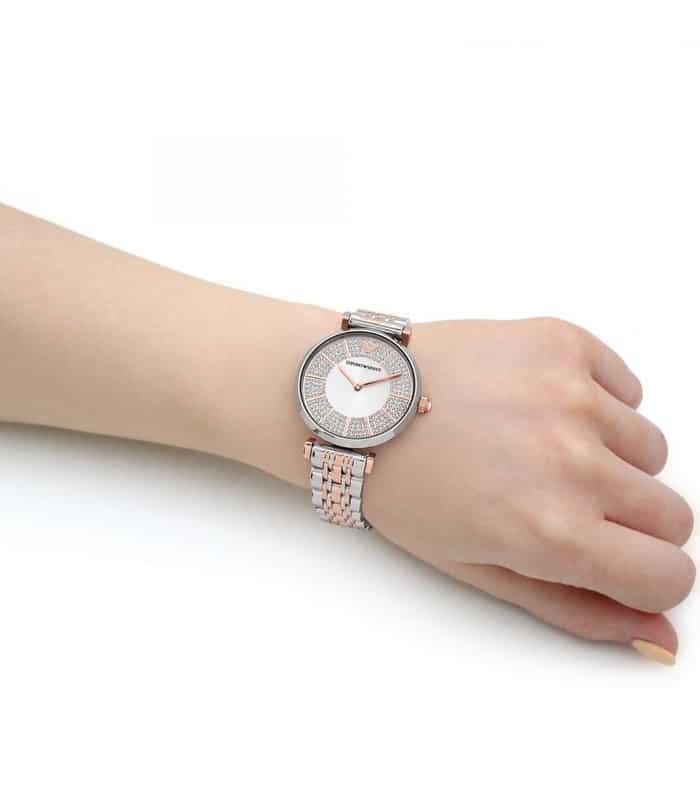 Emporio Armani Gianni T Bar Silver Dial Two Tone Steel Strap Watch for Women - AR11537