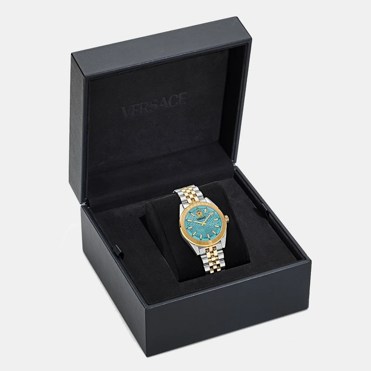Versace V-Code Analog Turquoise Dial Two Tone Steel Strap Watch for Women - VE8I00524