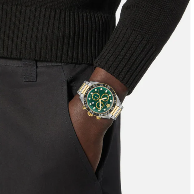 Versace Greca Dome Chronograph Green Dial Two Tone Steel Strap Watch for Men - VE6K00423