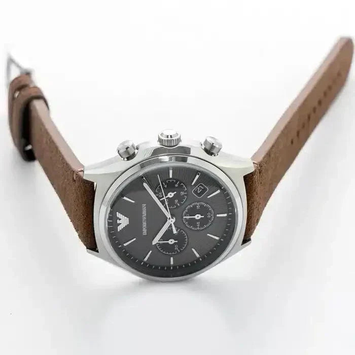 Emporio Armani Zeta Chronograph Gray Dial Brown Leather Strap Watch for Men - AR11080