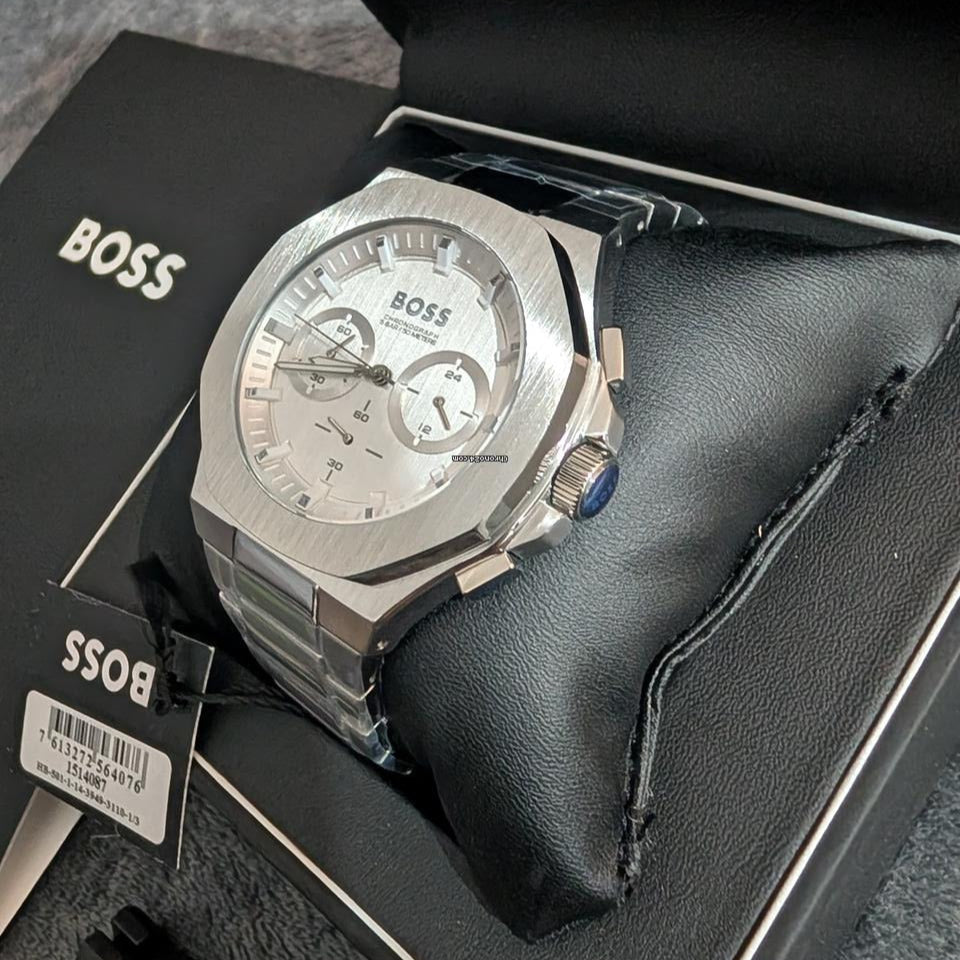 Hugo Boss Taper Chronograph White Dial Silver Steel Strap Watch for Men - 1514087