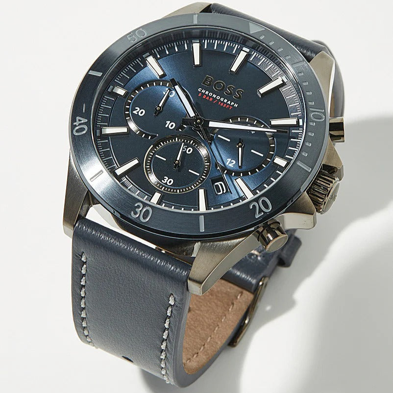 Hugo Boss Troper Chronograph Blue Dial Blue Leather Strap Watch for Men - 1514056