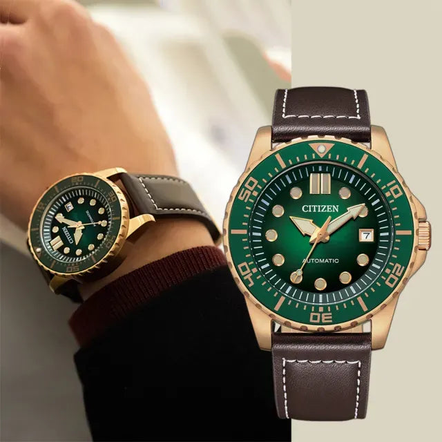 Citizen Mechanical Automatic Green Dial Brown Leather Strap Watch for Men - NJ0173-18X