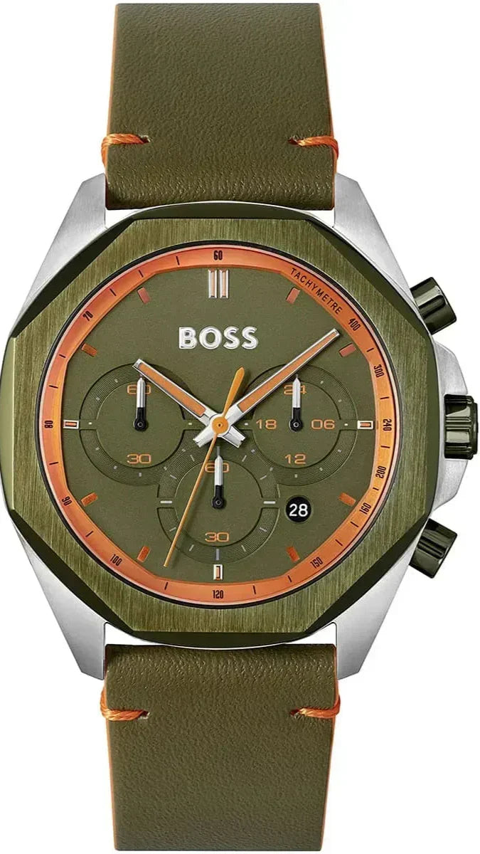 Hugo Boss Cloud Chronograph Olive Green Dial Green Leather Strap Watch for Men - 1514018