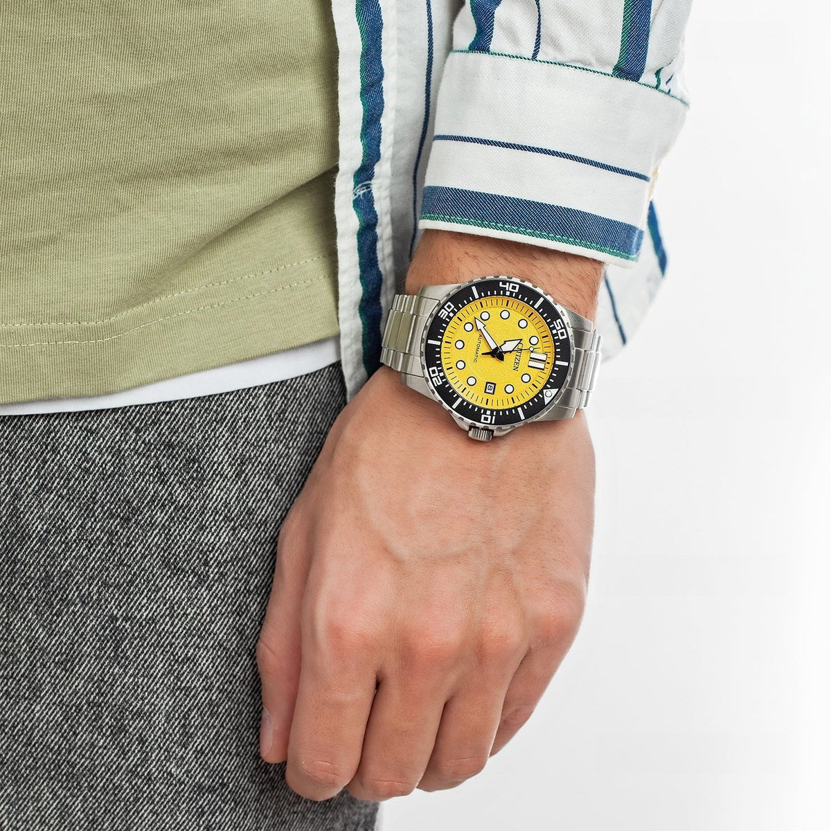 Citizen Mechanical Automatic Yellow Dial Silver Steel Strap Watch for Men - NJ0170-83Z
