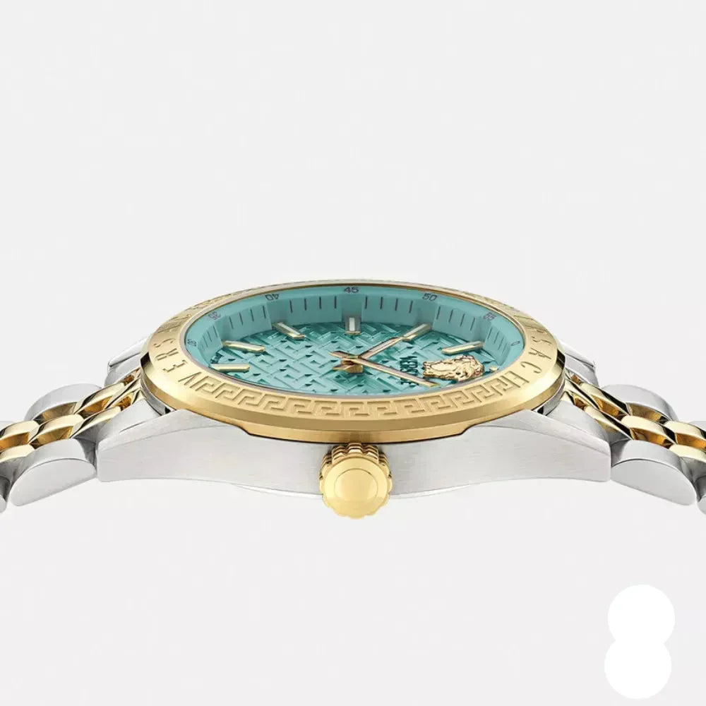 Versace V-Code Analog Turquoise Dial Two Tone Steel Strap Watch for Women - VE8I00524