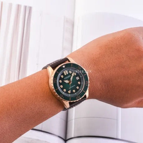 Citizen Mechanical Automatic Green Dial Brown Leather Strap Watch for Men - NJ0173-18X