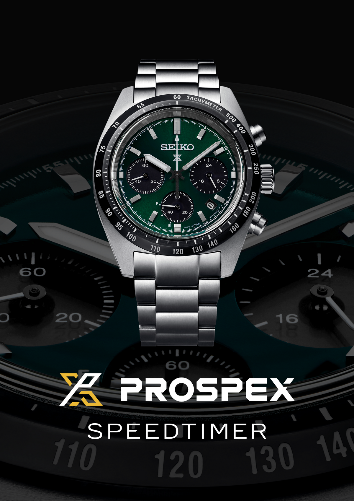 Seiko Prospex Speedtimer Solar Chronograph Green Dial Silver Steel Strap Watch for Men - SSC933