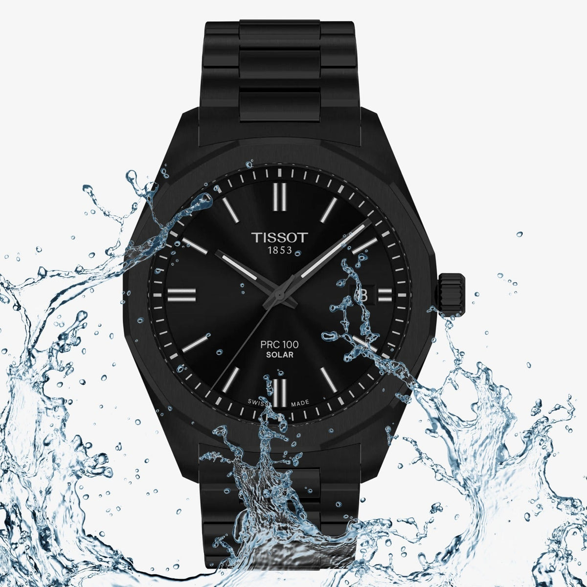 Tissot PRC 100 Solar Quartz Black Dial Black Steel Strap Watch for Men - T151.422.33.051.00