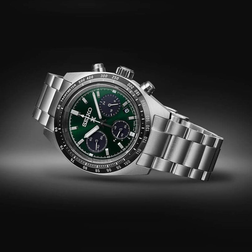 Seiko Prospex Speedtimer Solar Chronograph Green Dial Silver Steel Strap Watch for Men - SSC933