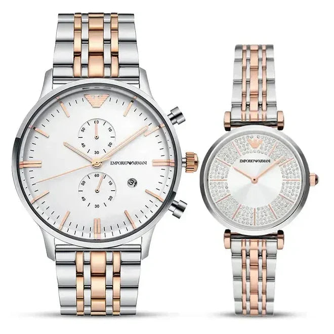 Emporio Armani Gianni T Bar Silver Dial Two Tone Steel Strap Watch for Women - AR11537