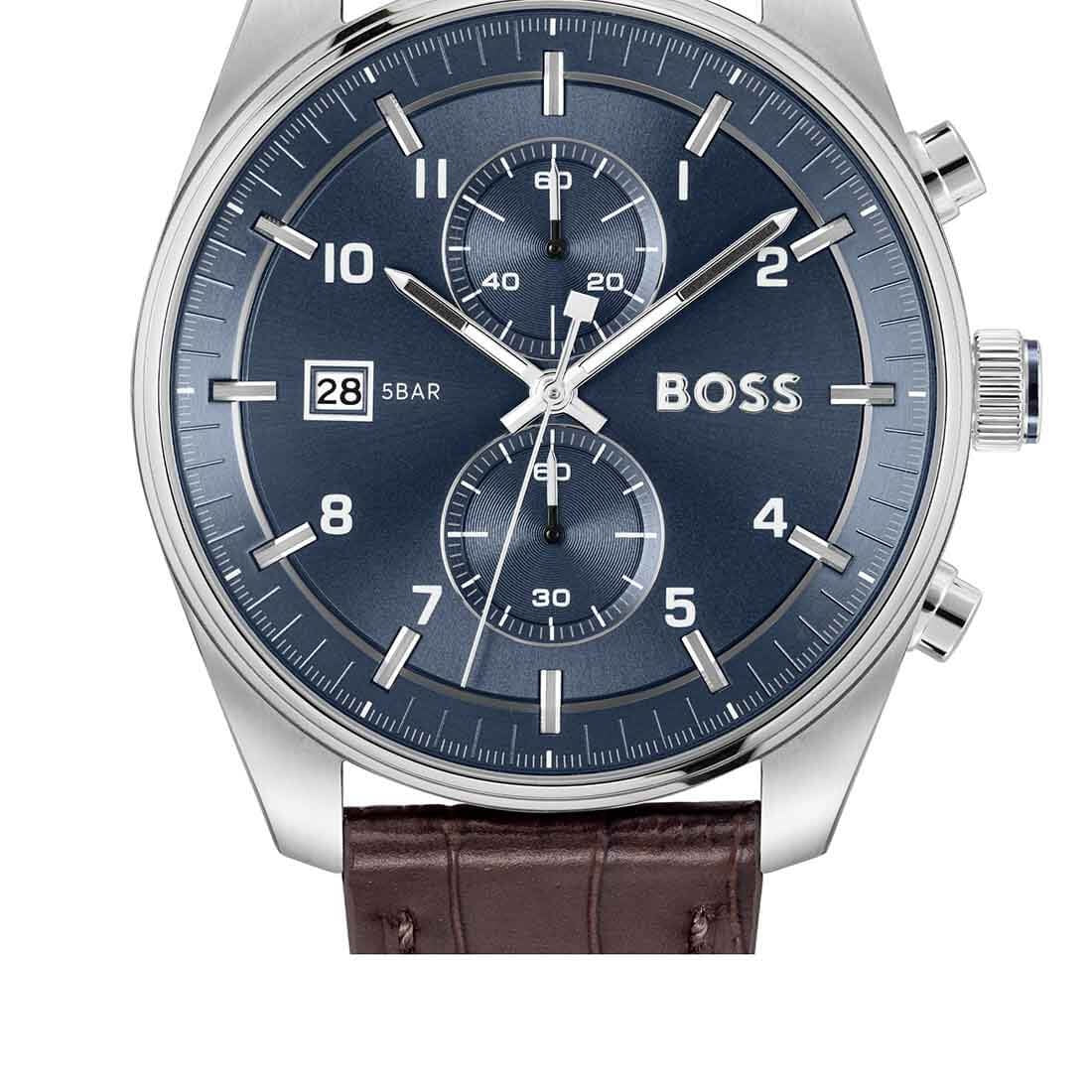 Hugo Boss Skytraveller Chronograph Blue Dial Brown Leather Strap Watch for Men - 1514194