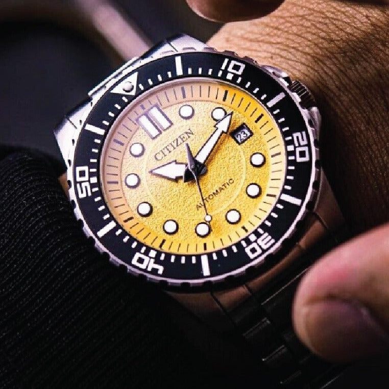 Citizen Mechanical Automatic Yellow Dial Silver Steel Strap Watch for Men - NJ0170-83Z