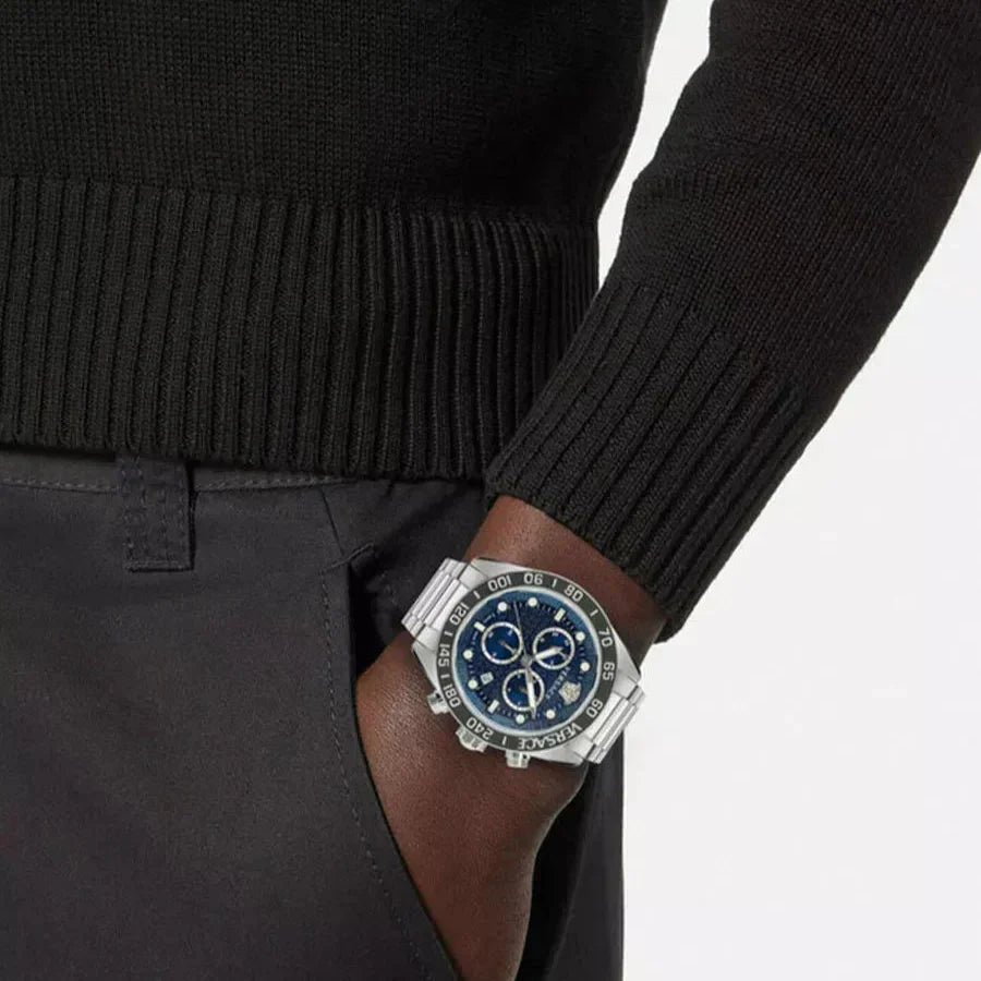 Versace Greca Dome Chronograph Blue Dial Silver Steel Strap Watch for Men - VE6K00323