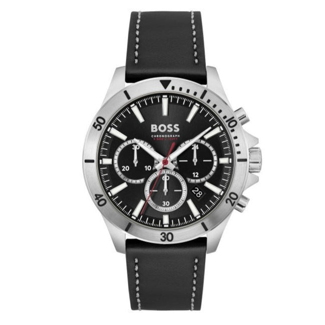 Hugo Boss Troper Chronograph Black Dial Black Leather Strap Watch for Men - 1514055
